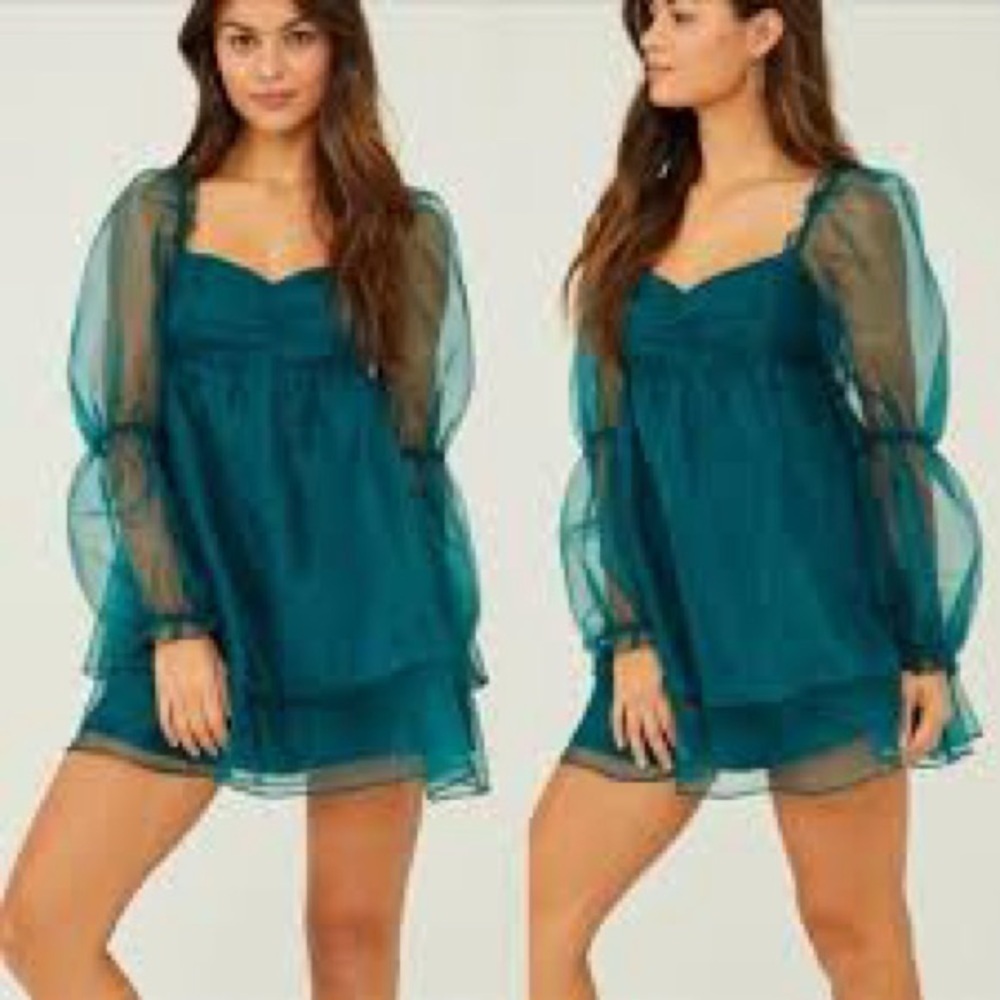Altar'd State Teal Mini Dress with Sheer Sleeves